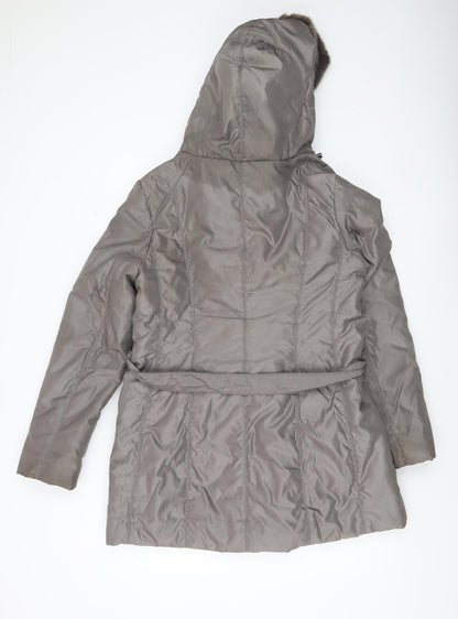 Fenn Wright Manson Women’s Grey Fur Trim Belted Hooded Coat Size 16 XL