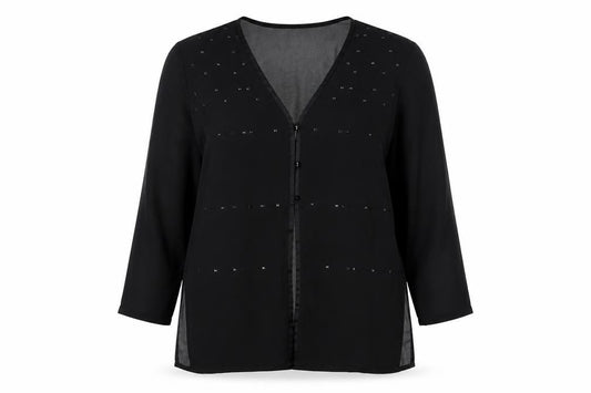 ELVI Women’s Black Beaded Tunic Blouse Size 16 V-Neck 3/4 Sleeve