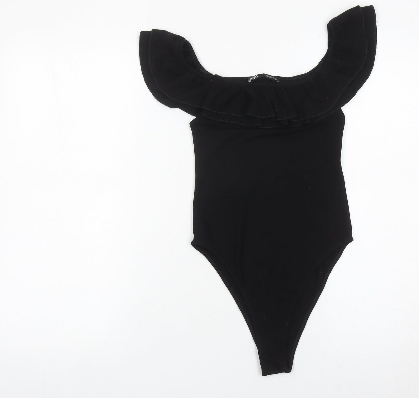 Zara Women Black Off Shoulder Ruffle Bodysuit Size S