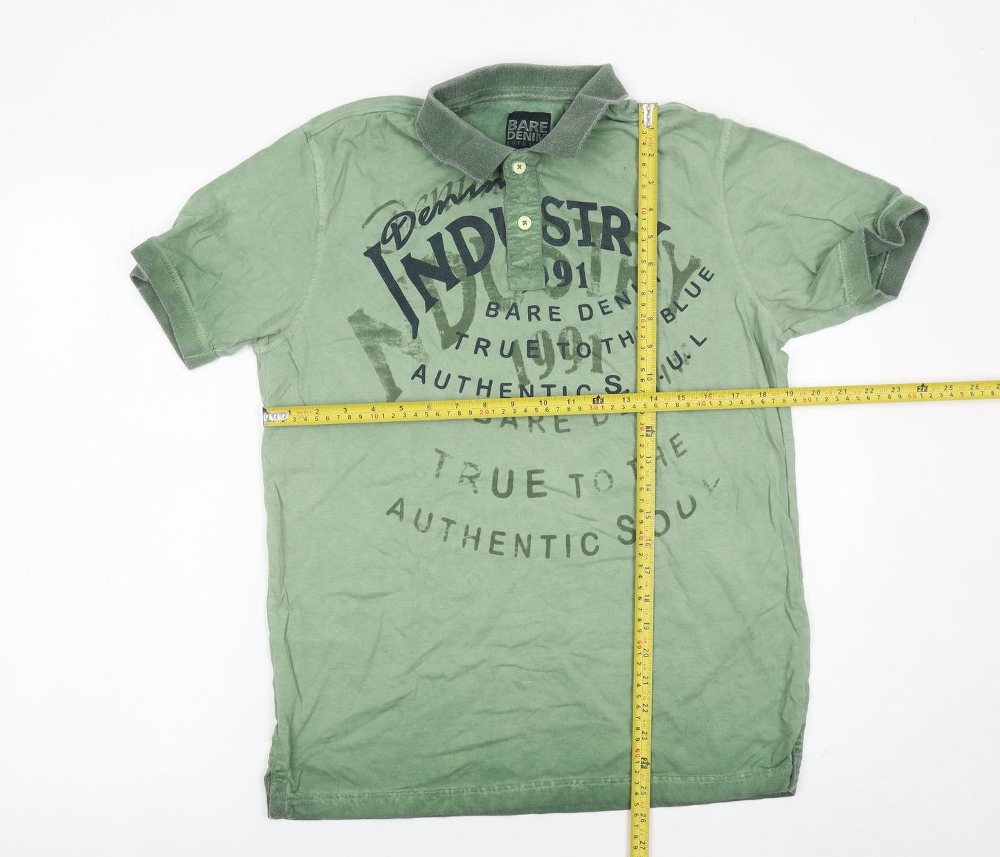 Bare Denim Men's Green Polo Shirt Size L Graphic Print Casual