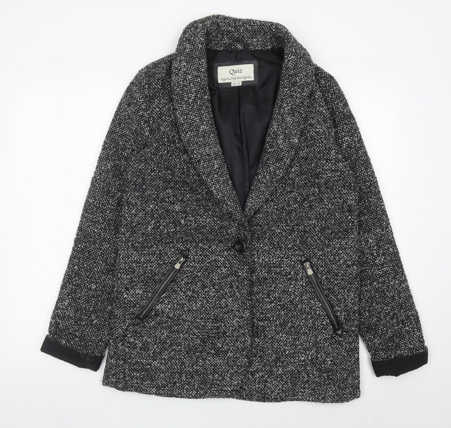 Quiz Women Grey Tweed Shawl Collar Blazer Jacket Size 10