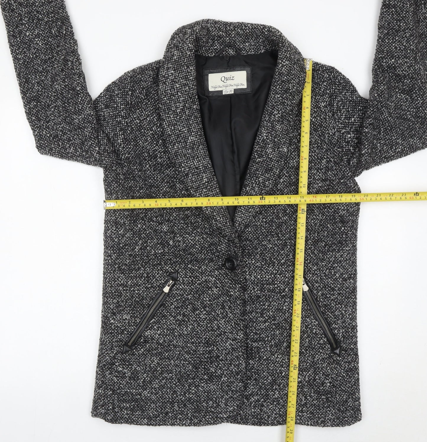 Quiz Women Grey Tweed Shawl Collar Blazer Jacket Size 10