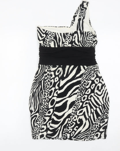 Jane Norman Women’s Black White Animal Print Bodycon One Shoulder Dress Size 12