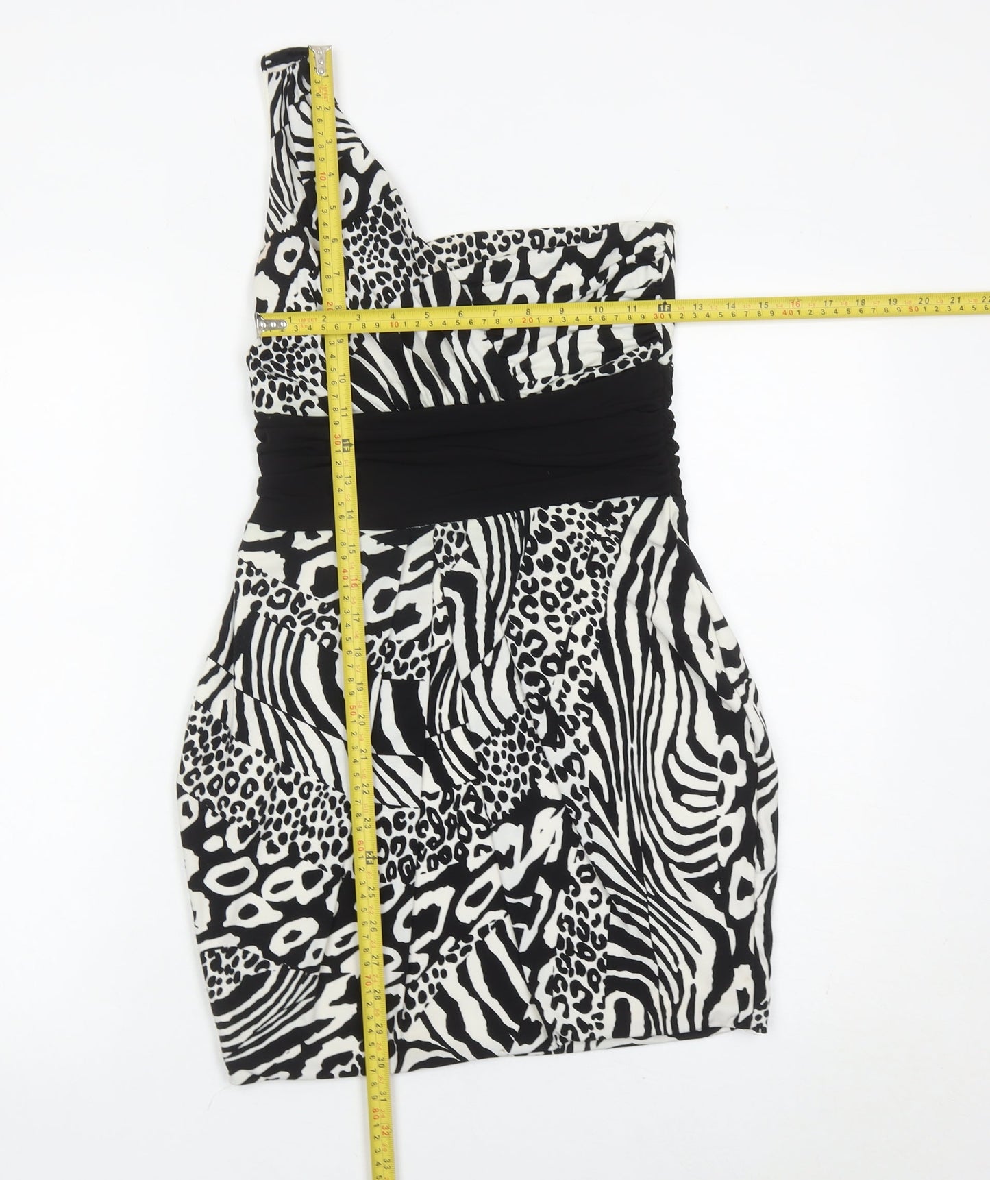 Jane Norman Women’s Black White Animal Print Bodycon One Shoulder Dress Size 12