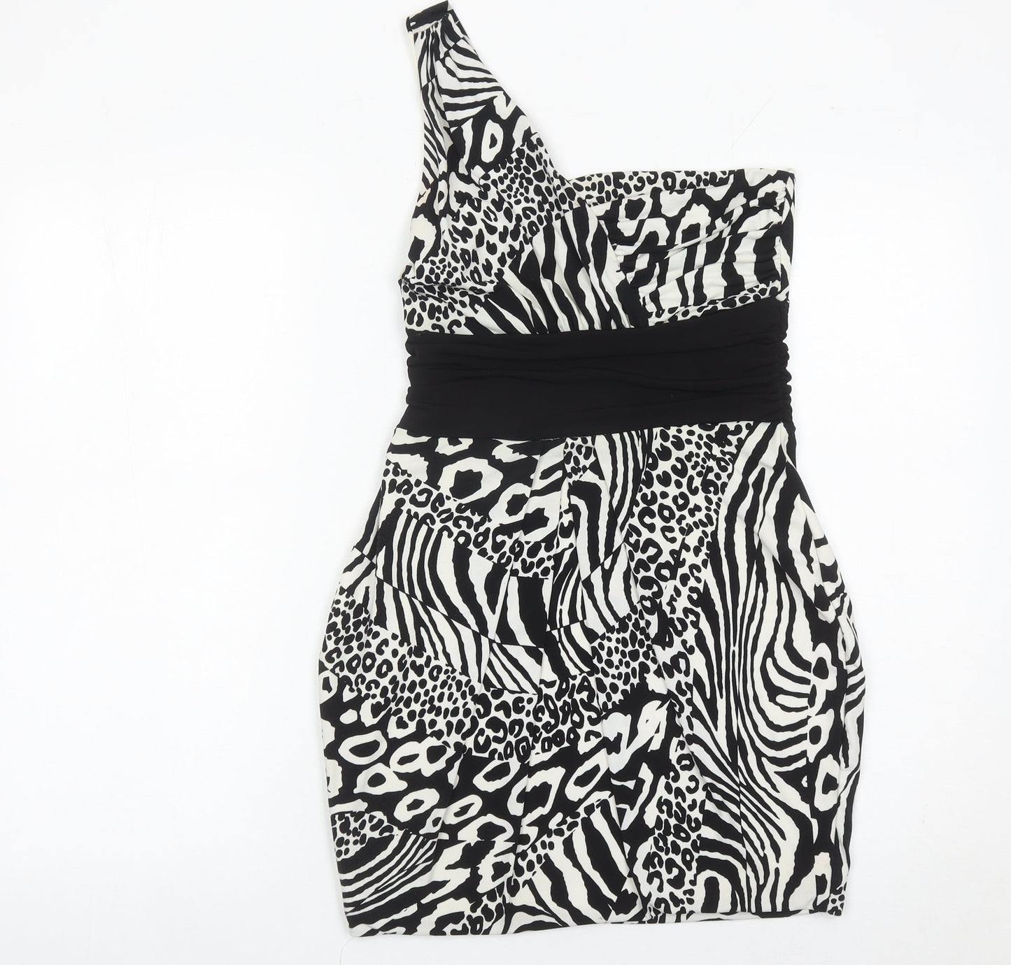 Jane Norman Women’s Black White Animal Print Bodycon One Shoulder Dress Size 12