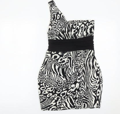 Jane Norman Women’s Black White Animal Print Bodycon One Shoulder Dress Size 12