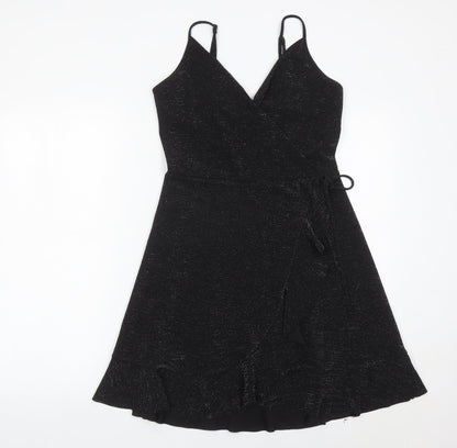 New Look Women’s Black Wrap Dress Size 12 Glitter Ruffle Party