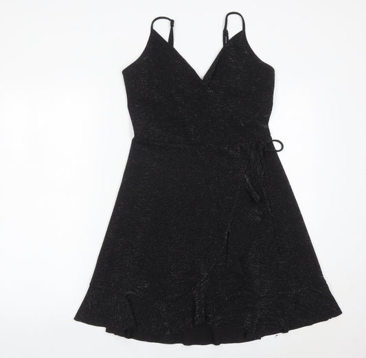 New Look Women’s Black Wrap Dress Size 12 Glitter Ruffle Party