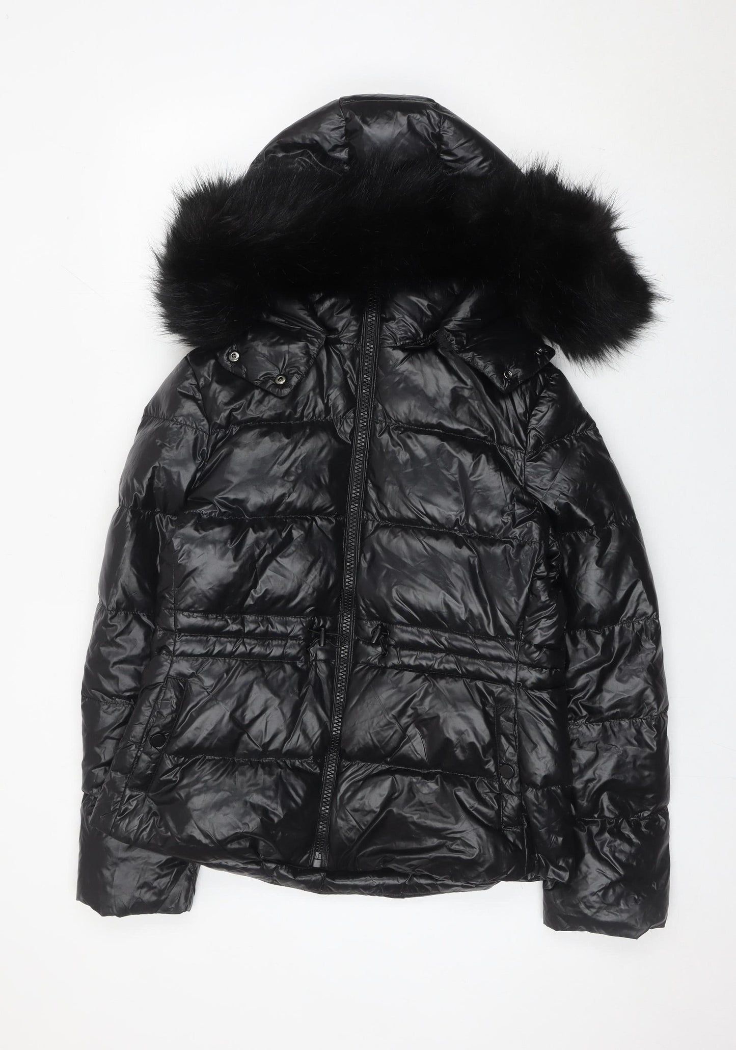 Zara Women Black Puffer Jacket Size 12 Hooded Down Winter Coat