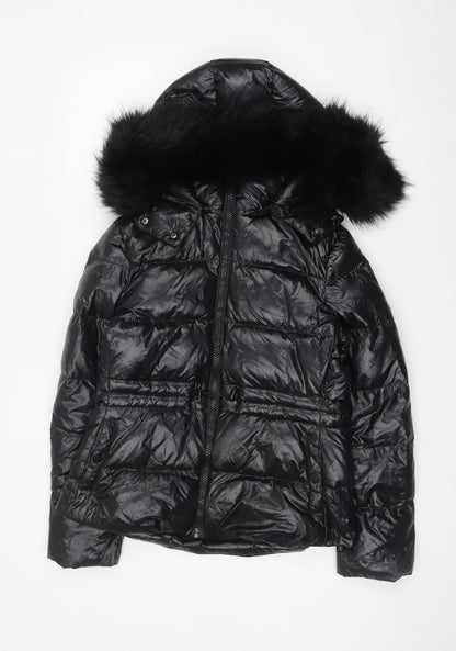 Zara Women Black Puffer Jacket Size 12 Hooded Down Winter Coat