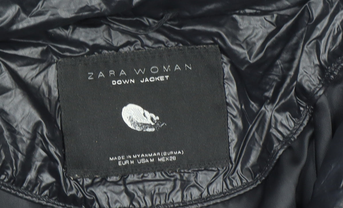 Zara Women Black Puffer Jacket Size 12 Hooded Down Winter Coat