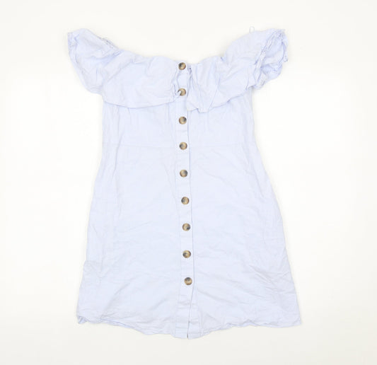 Zara Women Blue Cotton Off Shoulder A-Line Button Dress Size 8