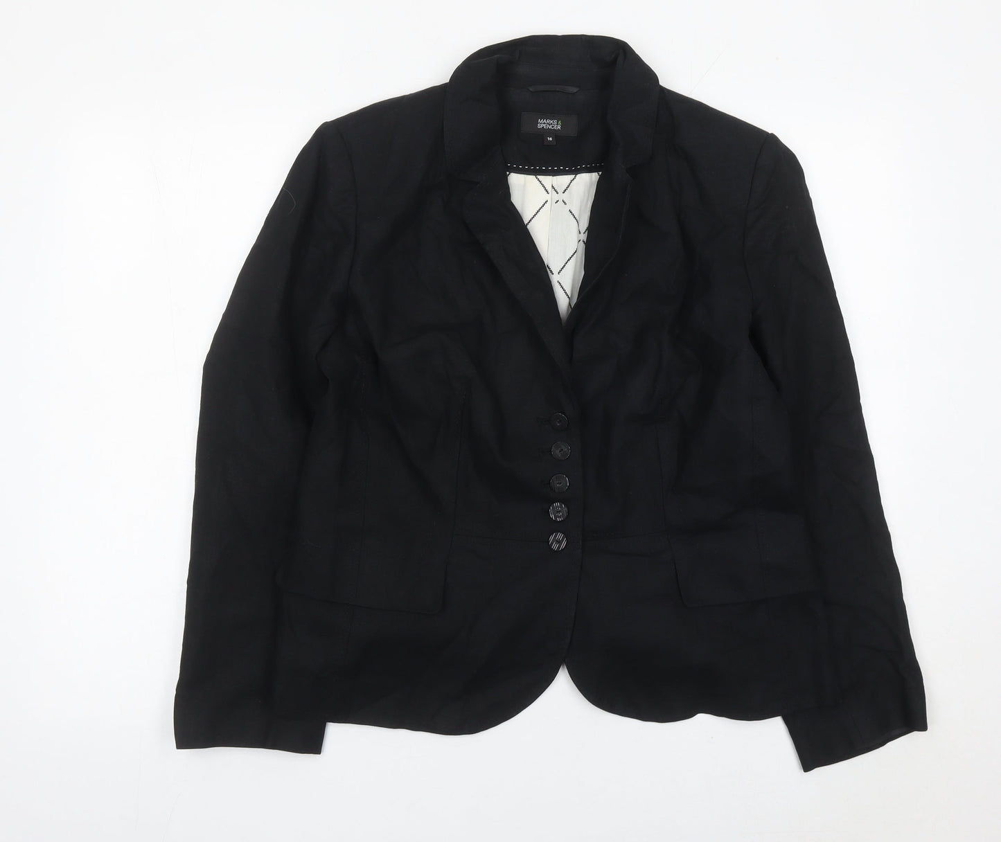Marks and Spencer Women Black Size 16 Linen Blend Blazer Jacket