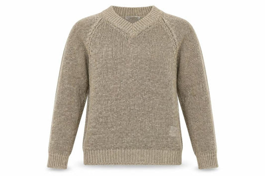 Front view of Oui Women’s Beige V-Neck Open-Knit jumper, size UK 12