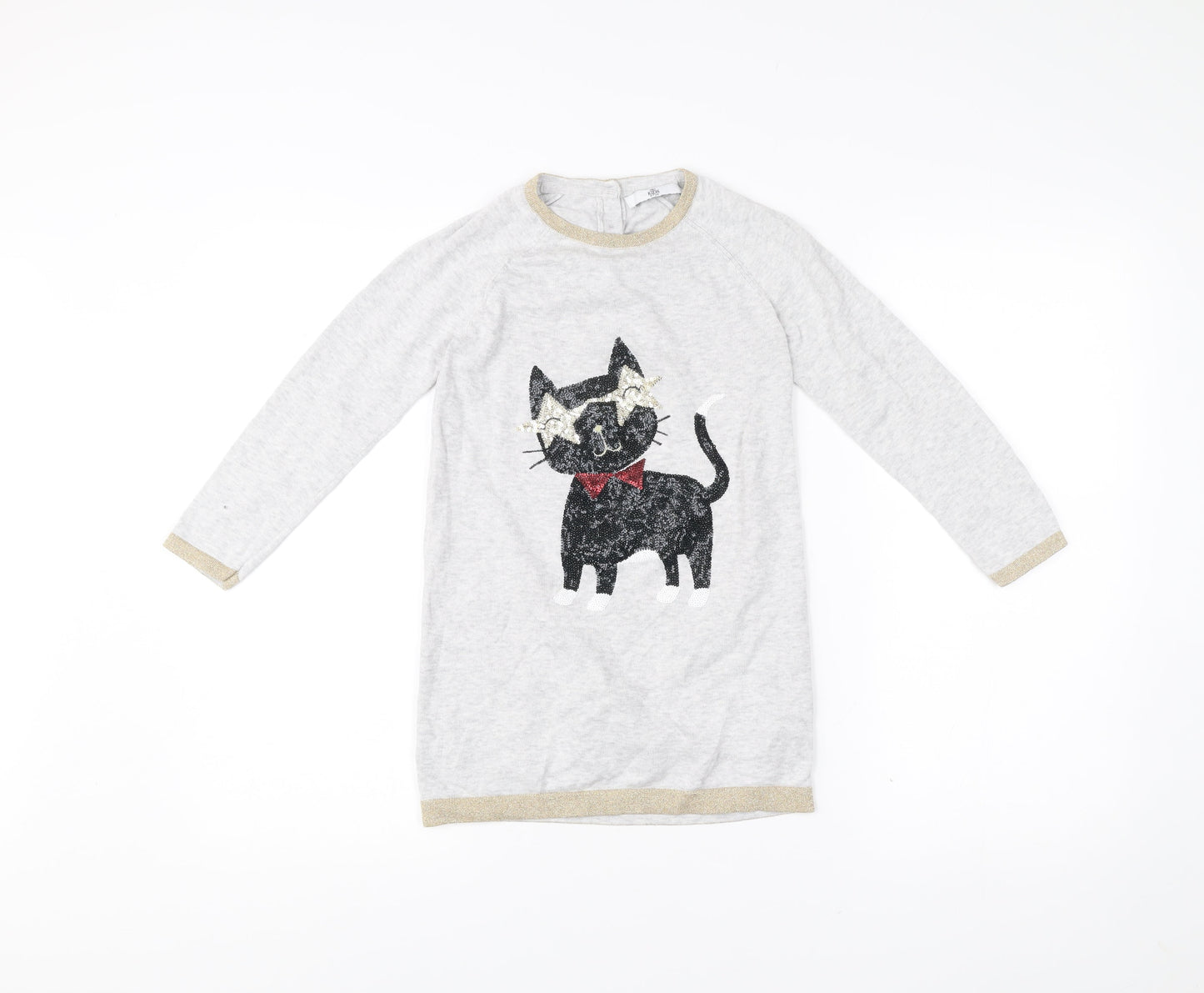 Marks and Spencer Girls Grey Cat Sequin Knit Shift Dress 6-7 Years