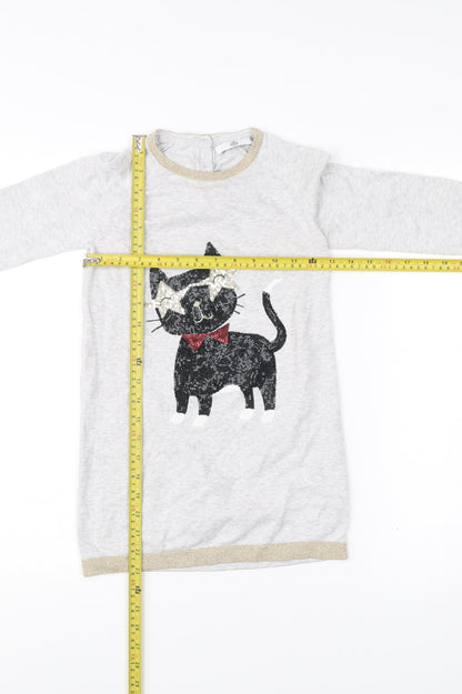 Marks and Spencer Girls Grey Cat Sequin Knit Shift Dress 6-7 Years