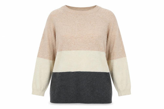 Front view of Only women’s xl beige grey stripe knit jumper crew neck pullover