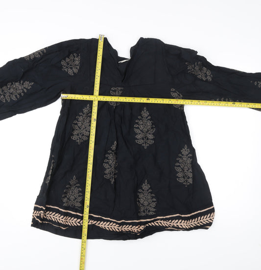 Monsoon Women’s Black Embroidered Tunic Dress Size 10 V-Neck Boho Style