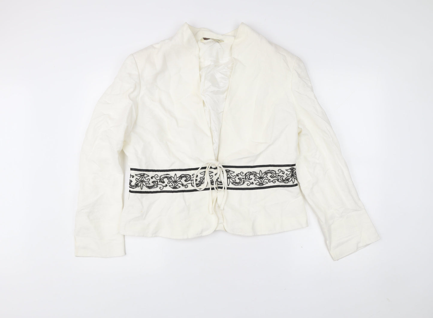 Illusion Collection Women’s White Blazer Size 18 Embroidered Tie Waist