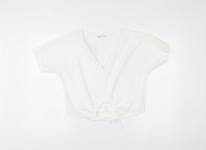 Zara Womens White Cropped V-Neck Tie Blouse Size S