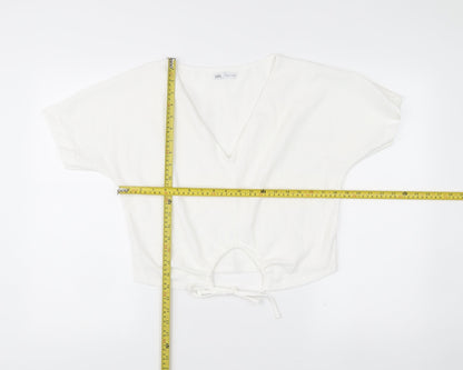 Zara Womens White Cropped V-Neck Tie Blouse Size S