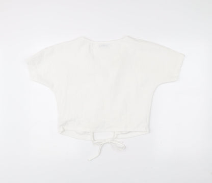 Zara Womens White Cropped V-Neck Tie Blouse Size S