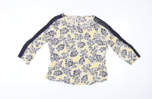 M&Co Women’s Yellow Floral Crochet 3/4 Sleeve Tunic Blouse Size 14