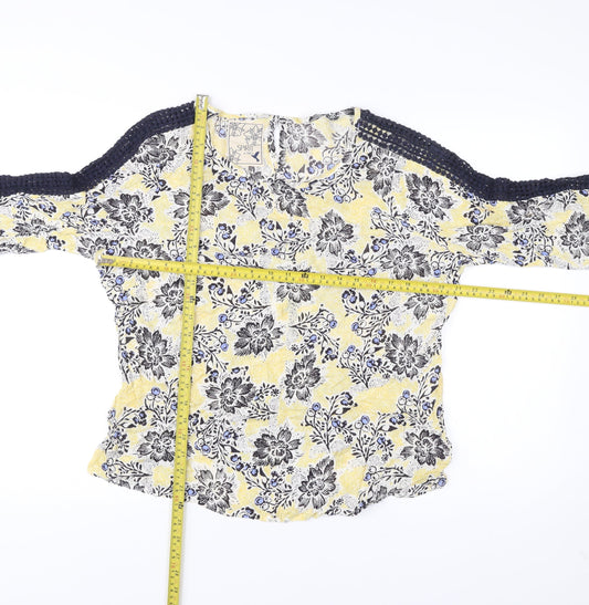 M&Co Women’s Yellow Floral Crochet 3/4 Sleeve Tunic Blouse Size 14