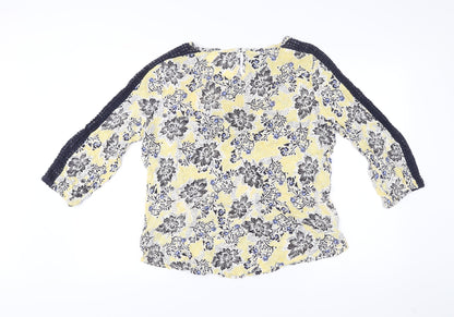 M&Co Women’s Yellow Floral Crochet 3/4 Sleeve Tunic Blouse Size 14