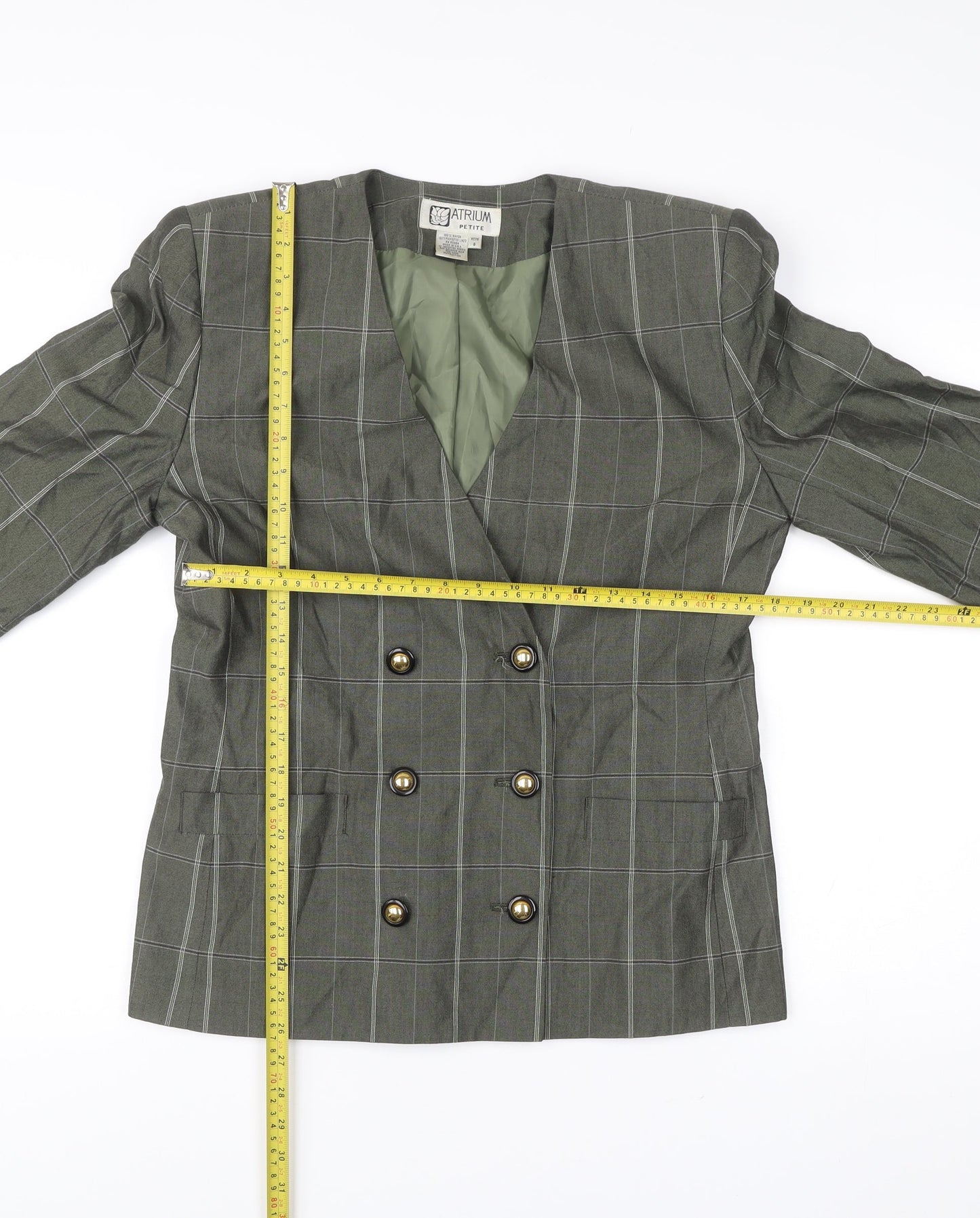 Atrium Petite Women’s Green Check Double-Breasted Blazer Size 8