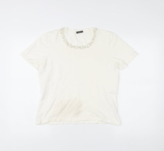 Precis Petite Women Ivory Beaded Scoop Neck Short Sleeve T-Shirt M