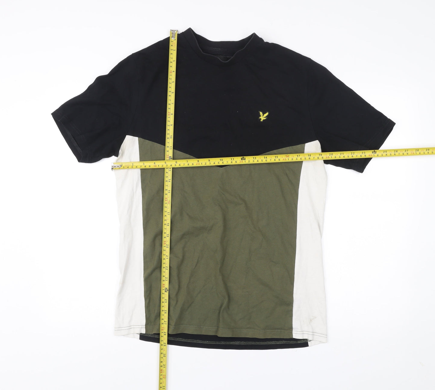 Lyle & Scott Mens M Black Green Beige Colourblock Cotton T-Shirt