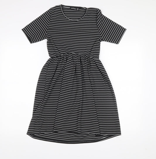 Boohoo Women’s Black Striped Skater Dress Size 12 Half Sleeve Scoop Neck