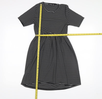 Boohoo Women’s Black Striped Skater Dress Size 12 Half Sleeve Scoop Neck