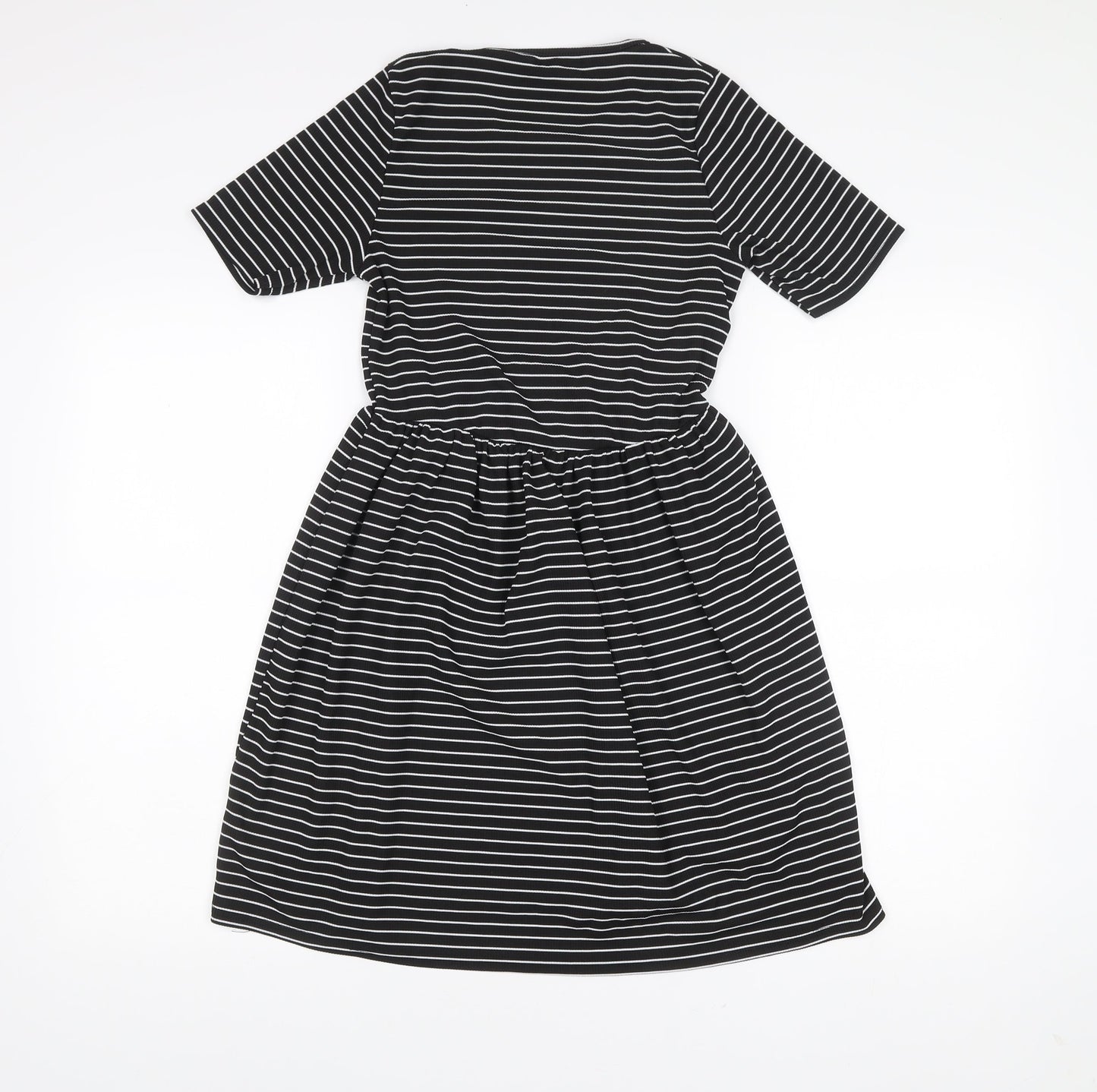 Boohoo Women’s Black Striped Skater Dress Size 12 Half Sleeve Scoop Neck