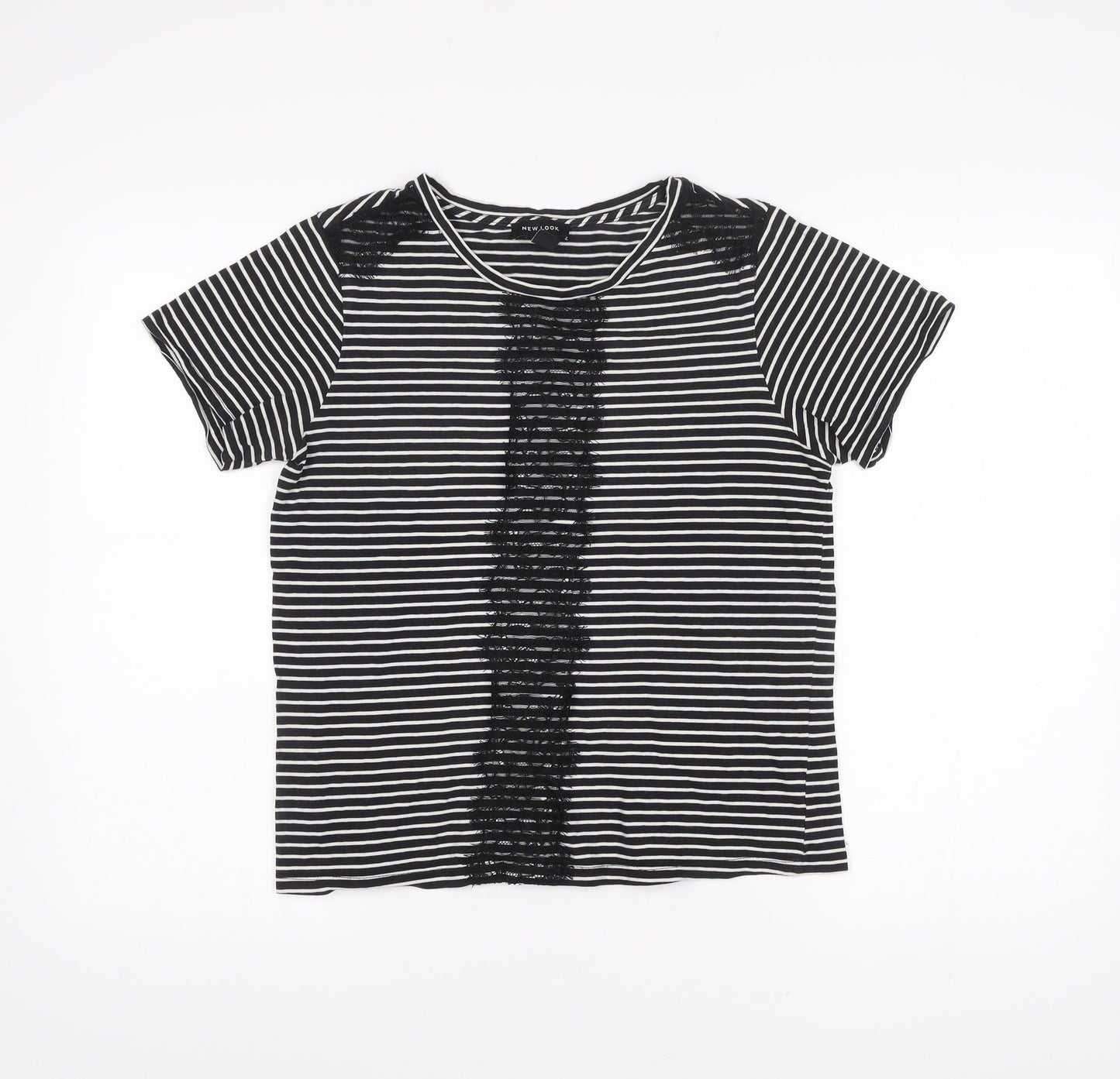 New Look Womens Black Striped Lace Accent T-Shirt Size 12