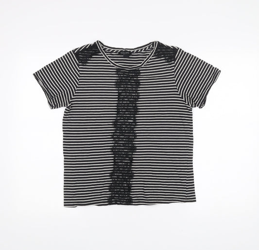 New Look Womens Black Striped Lace Accent T-Shirt Size 12