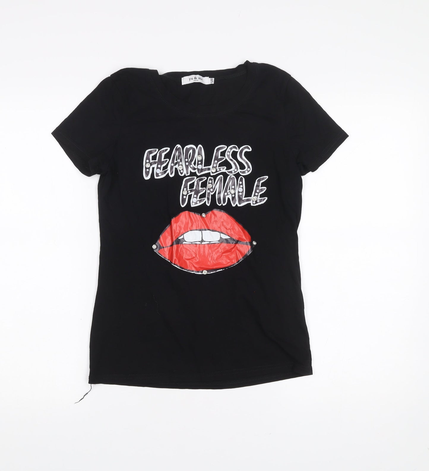 Yu & Me Paris Women's Black S T-Shirt Fearless Female Studded