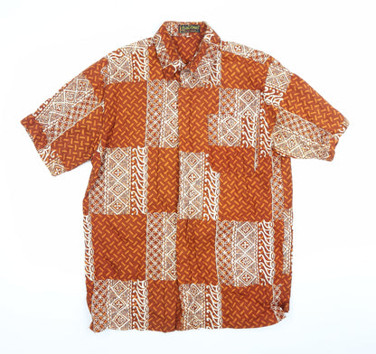 Bawonoo Men Brown M Geometric Hawaiian Short Sleeve Cotton Shirt
