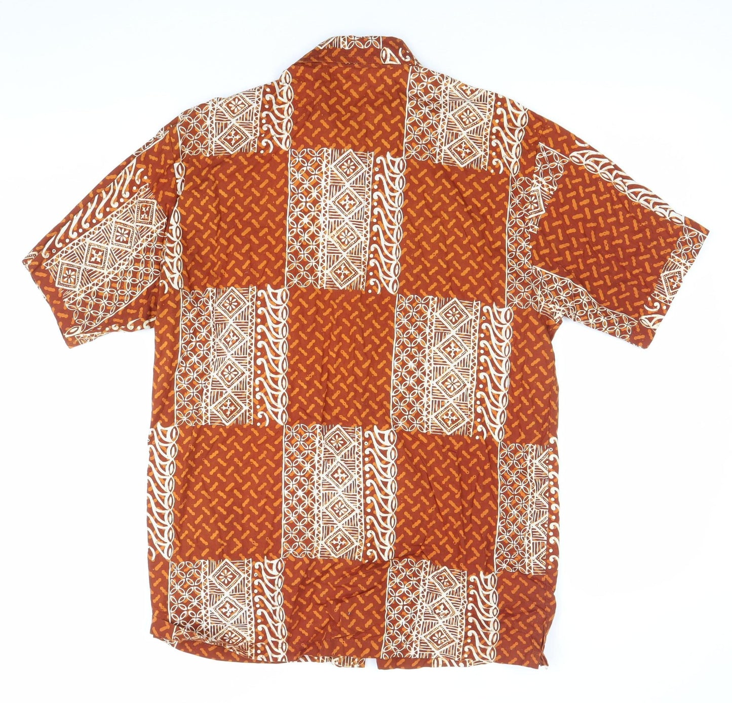 Bawonoo Men Brown M Geometric Hawaiian Short Sleeve Cotton Shirt