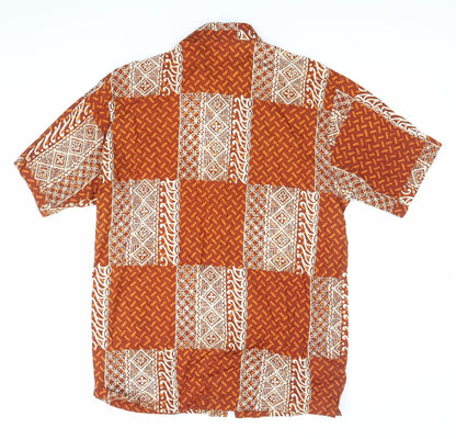 Bawonoo Men Brown M Geometric Hawaiian Short Sleeve Cotton Shirt