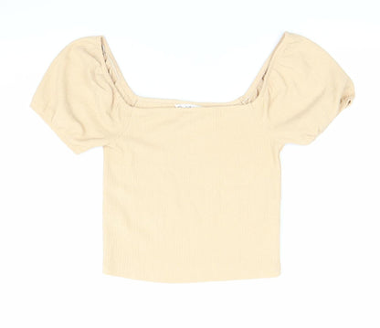 Miss Selfridge Women Beige Size 10 Cropped Puff Sleeve Square Neck Blouse Top
