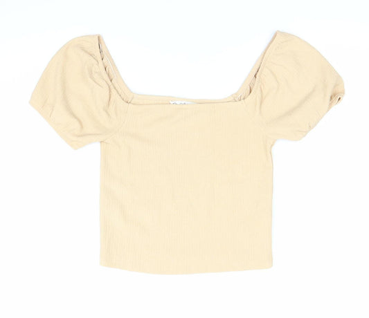 Miss Selfridge Women Beige Size 10 Cropped Puff Sleeve Square Neck Blouse Top