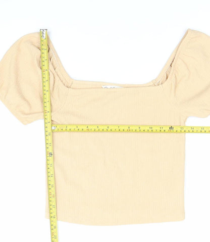 Miss Selfridge Women Beige Size 10 Cropped Puff Sleeve Square Neck Blouse Top