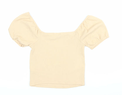 Miss Selfridge Women Beige Size 10 Cropped Puff Sleeve Square Neck Blouse Top