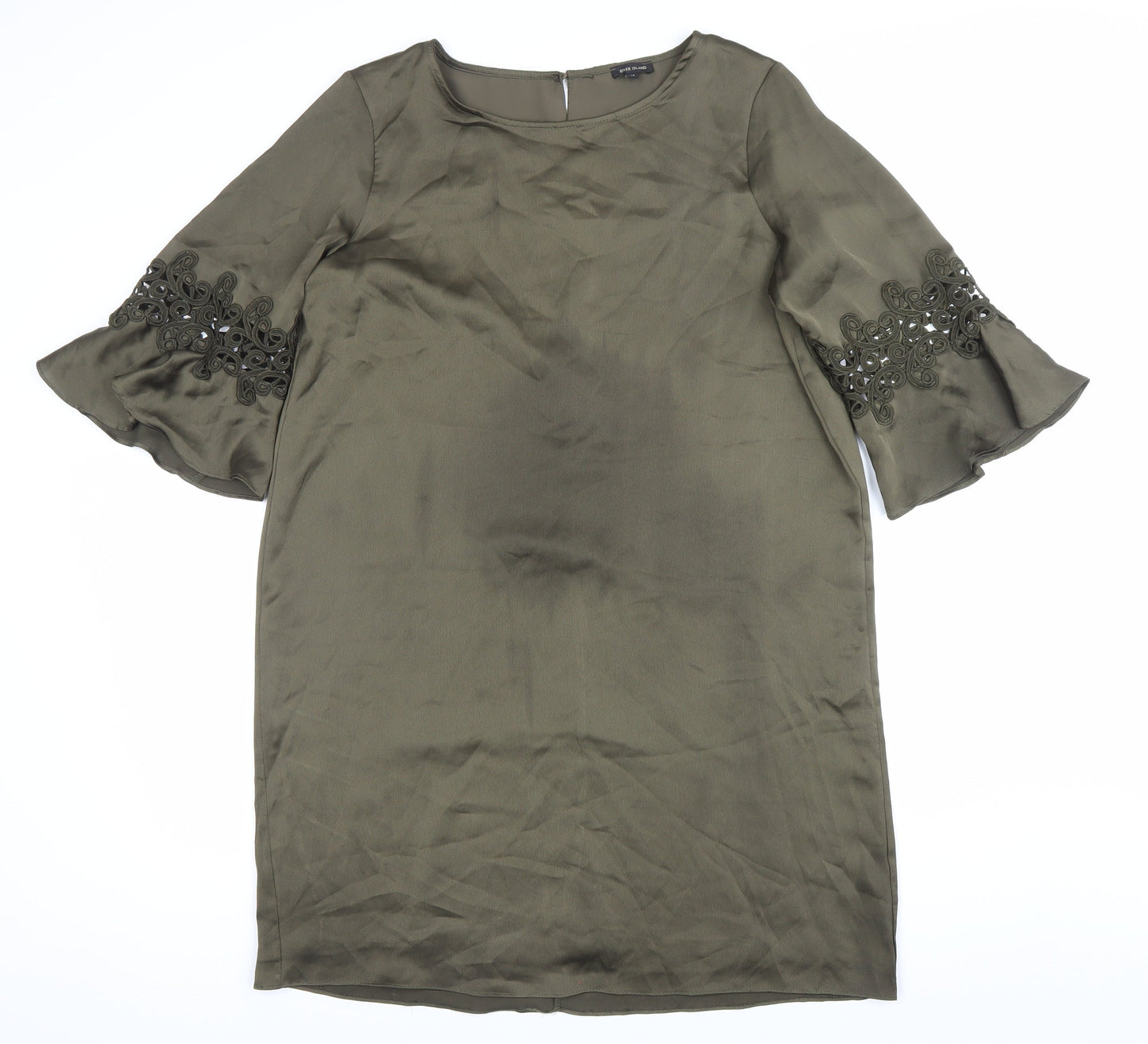 River Island Womens Green Shift Dress Size 14 Embroidered 3/4 Sleeve