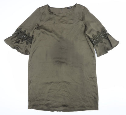 River Island Womens Green Shift Dress Size 14 Embroidered 3/4 Sleeve