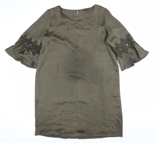 River Island Womens Green Shift Dress Size 14 Embroidered 3/4 Sleeve