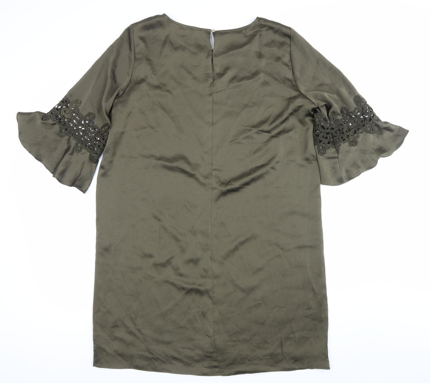 River Island Womens Green Shift Dress Size 14 Embroidered 3/4 Sleeve