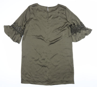 River Island Womens Green Shift Dress Size 14 Embroidered 3/4 Sleeve